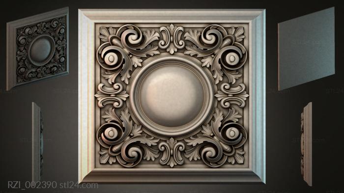 Round decor, rosettes (Ceiling panel with a central sphere and acanthus ornament, RZI_002390) 3D models for cnc