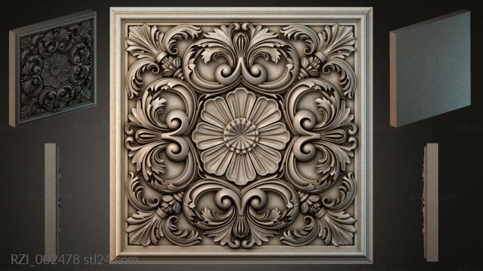Square panel with volutes and a central flower 3d STL model