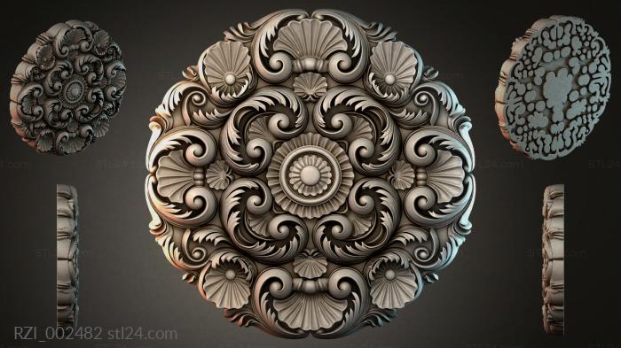 Round decor, rosettes (Round roccoco rosette with scrolls and shells, RZI_002482) 3D models for cnc