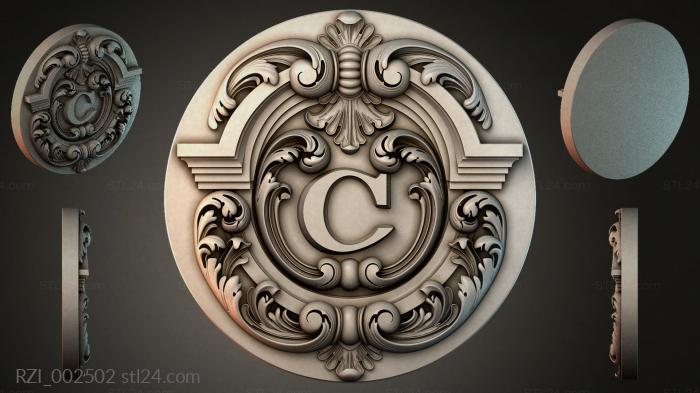 Round ceiling medallion with swirls and a central letter C 3d STL model
