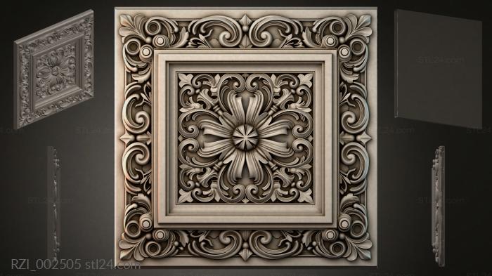 Square panel with floral medallion and swirls 3d STL model