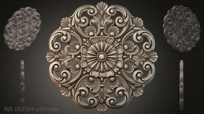 Ceiling rosette with spiral volutes and a central sunflower 3d STL model