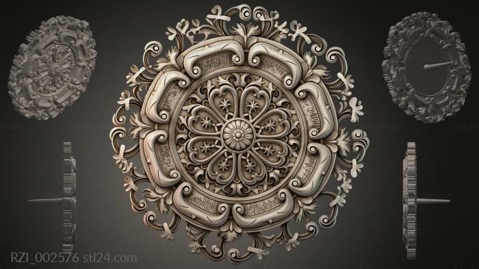 Round decor, rosettes (Round rosette with volutes and floral ornament, RZI_002576) 3D models for cnc