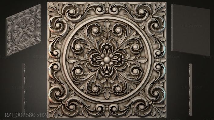 Square rosette with a round central medallion and spiral volutes 3d STL model
