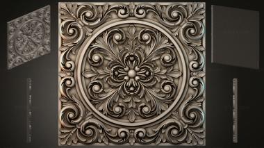 Round decor, rosettes Square rosette with a round central medallion and spiral volutes 3d model