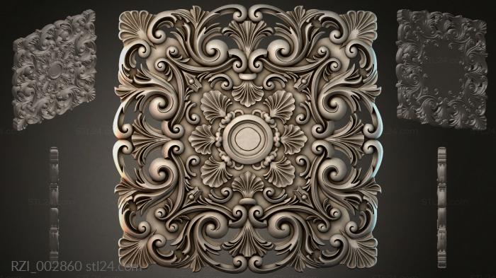 Square panel with acanthus volutes and a central rosette 3d STL model