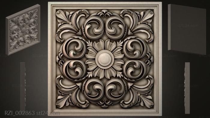 Square panel with rosette and volutes 3d STL model