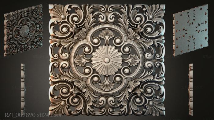 Square carved panel with a central flower and scrolls 3d STL model