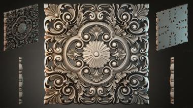 Round decor, rosettes Square carved panel with a central flower and scrolls 3d model