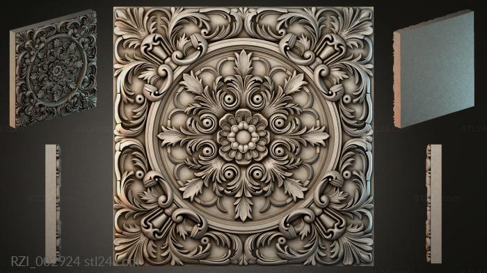 Square panel with a central floral medallion and spiral scrolls 3d STL model