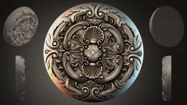 Round decor, rosettes Round panel with a lion mask and swirls 3d model