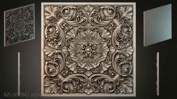 Carved square panel ornament with floral motifs and volutes 3d STL model