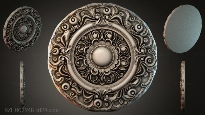 Ceiling rosette with concentric spirals and a central sphere 3d STL model