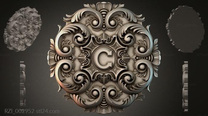 Symmetrical central ornament with volutes and the letter G 3d STL model