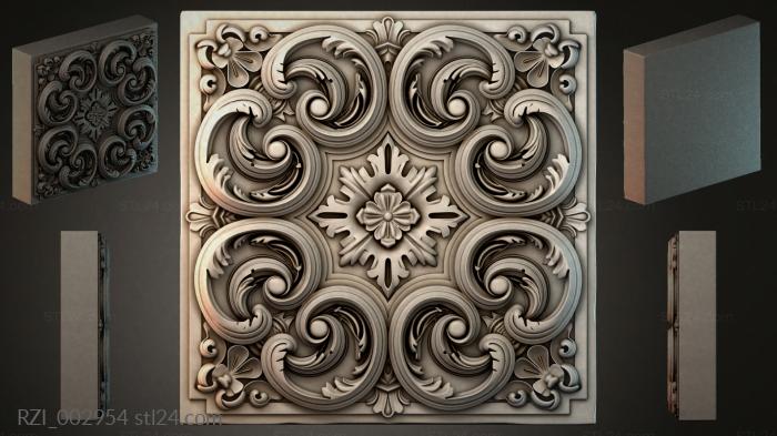 Square panel with acanthus scrolls and a central flower 3d STL model