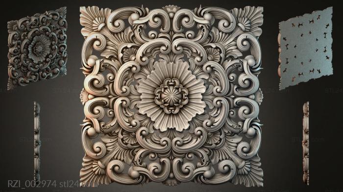 Square panel with volutes and a central flower 3d STL model