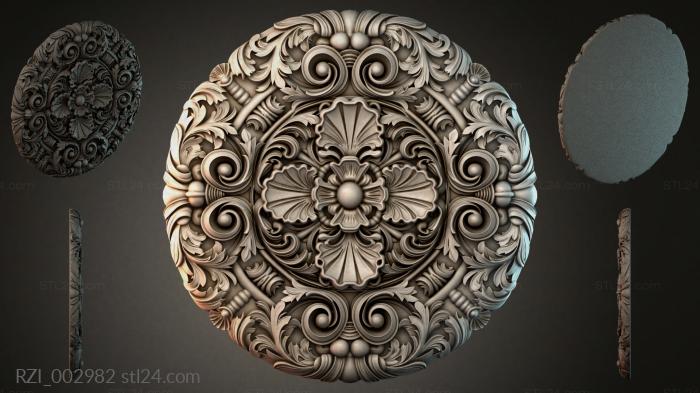 Round carved rosette with volutes and floral ornament 3d STL model