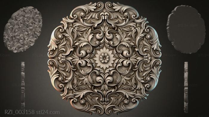 Round carved panel with scrolls and a flower 3d STL model
