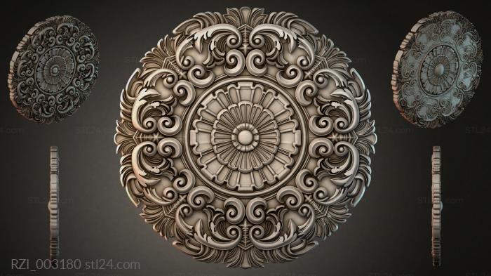 Round decor, rosettes (Round carved rosette with volutes and a shell, RZI_003180) 3D models for cnc