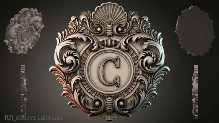 Medallion with the letter C in the form of a shell and swirls 3d STL model