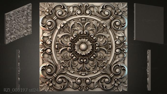 Square panel with a central flower and volutes 3d STL model