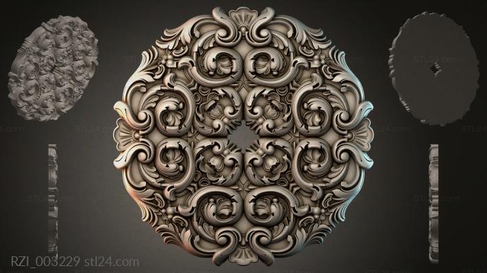 Round carved rosette with volutes and shells 3d STL model