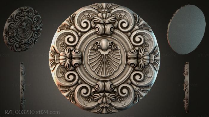 Round decor, rosettes (Round rosette with a spiral pattern and a central basin, RZI_003230) 3D models for cnc