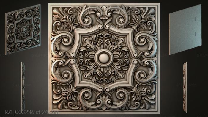 Square panel with a central rosette and volutes 3d STL model