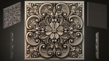Round decor, rosettes Square panel with volutes and a floral rosette 3d model
