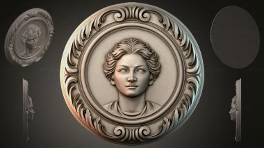 Round decor, rosettes Medallion with a profile of a womans face in a wavy frame 3d model
