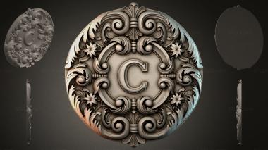 Round decor, rosettes Round rosette with the letter C and curved floral ornament 3d model