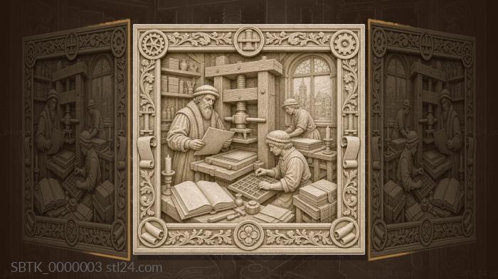 Gutenbergs Printing Press - Workshop and Typesetters 3d STL model
