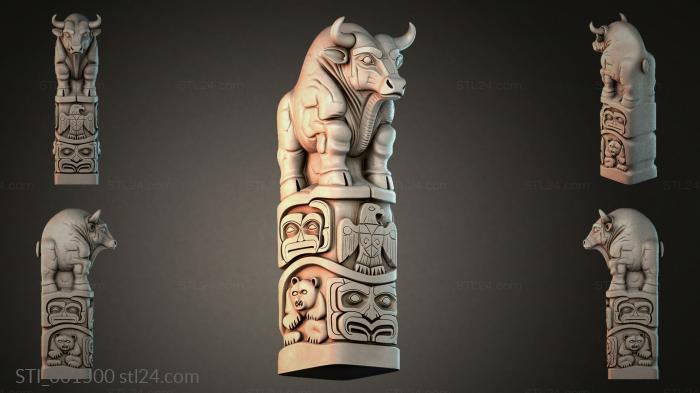 Carved figurine of a bull with totem faces 3d STL model