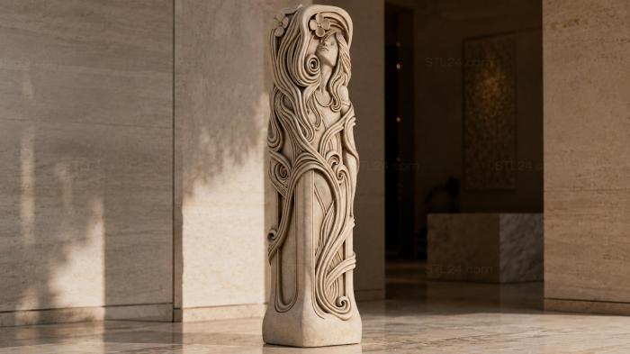 Vertical carved ornament with a portrait of a woman in a wavy frame 3d STL model