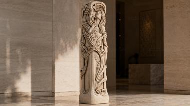 Different pillars Vertical carved ornament with a portrait of a woman in a wavy frame 3d model