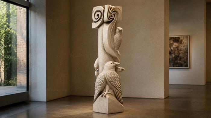 Vertical architectural ornament with birds and spiral scrolls 3d STL model