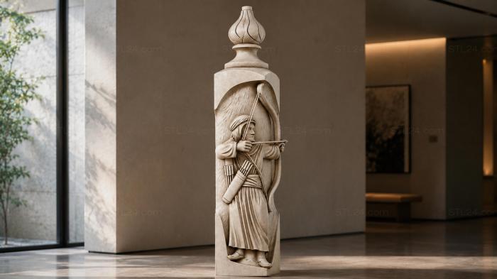 Column with a figure of a warrior in a cloak and a war bow 3d STL model