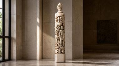Different pillars A pillar with relief carvings and a figure of a warrior in the Gothic style. 3d model