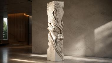 Different pillars Carved panel with bird wings and a bearded man 3d model
