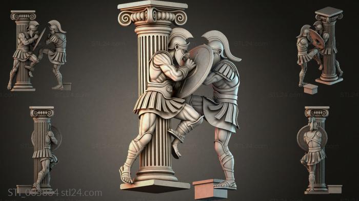 Warriors in a fighting stance with a column and an Ionic capital 3d STL model