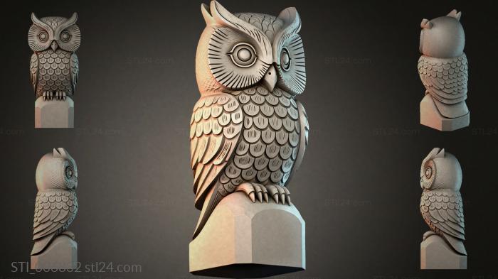 Owl with detailed feathers on a pedestal 3d STL model