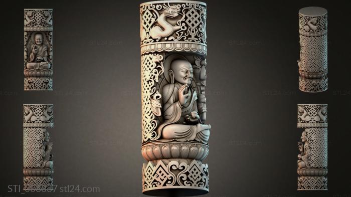 Buddhist figure of Guanyin with ornamental carving cylindrical panel 3d STL model