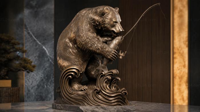 Bear with a fishing rod on a wavy base 3d STL model