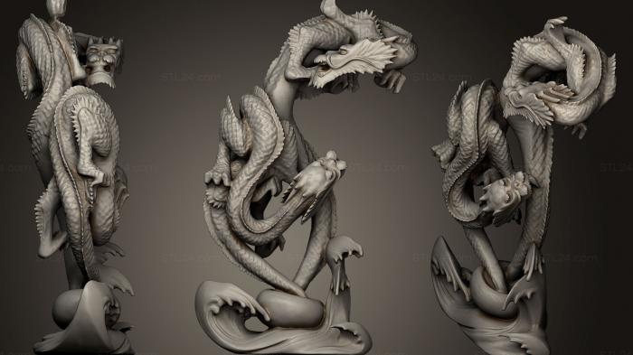 Two dragons emerging from a bowl amid waves