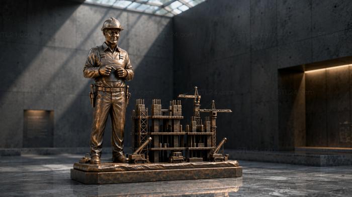 Construction worker in a hard hat with a construction site and a crane installation 3d STL model