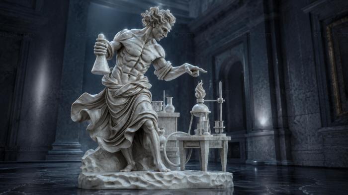 Female alchemist figure with flasks and a laboratory table 3d STL model