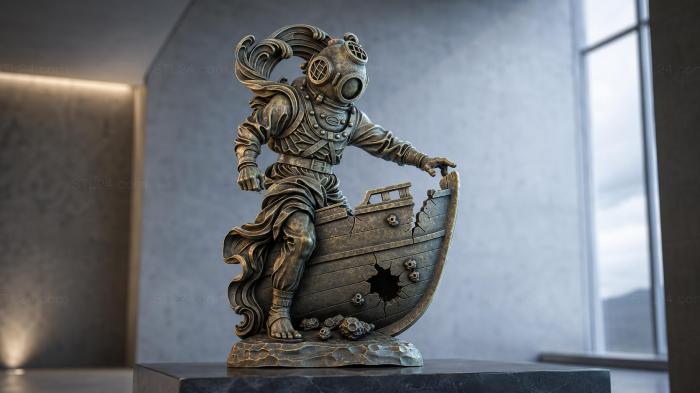 A diver with a helmet on a sunken ship 3d STL model