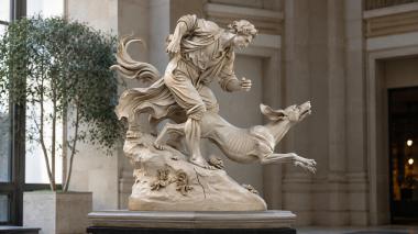 Statues of men Angel with flowing cloth riding on a lion 3d model
