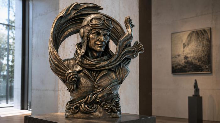 Bust of a pilot wearing a helmet with decorative curls 3d STL model