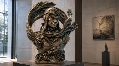 Statues of men Bust of a pilot wearing a helmet with decorative curls 3d model